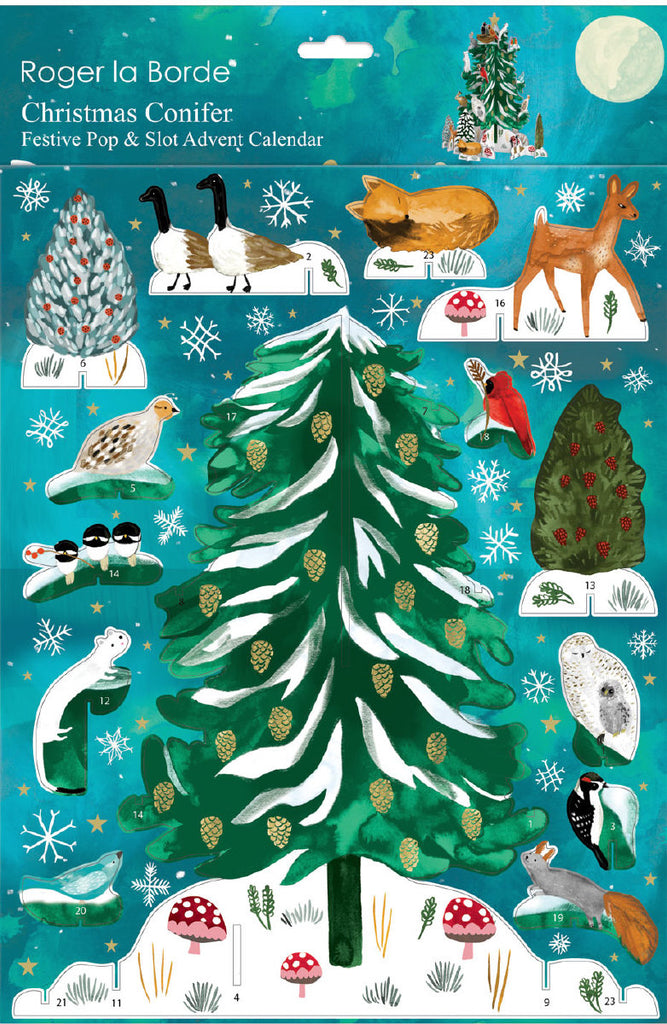 Roger la Borde Christmas Conifer Pop & Slot Advent Calendar featuring artwork by Katie Vernon