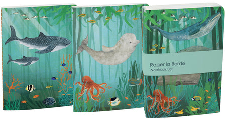 Roger la Borde Whale Song A6 Exercise Books set featuring artwork by Katherine Quinn